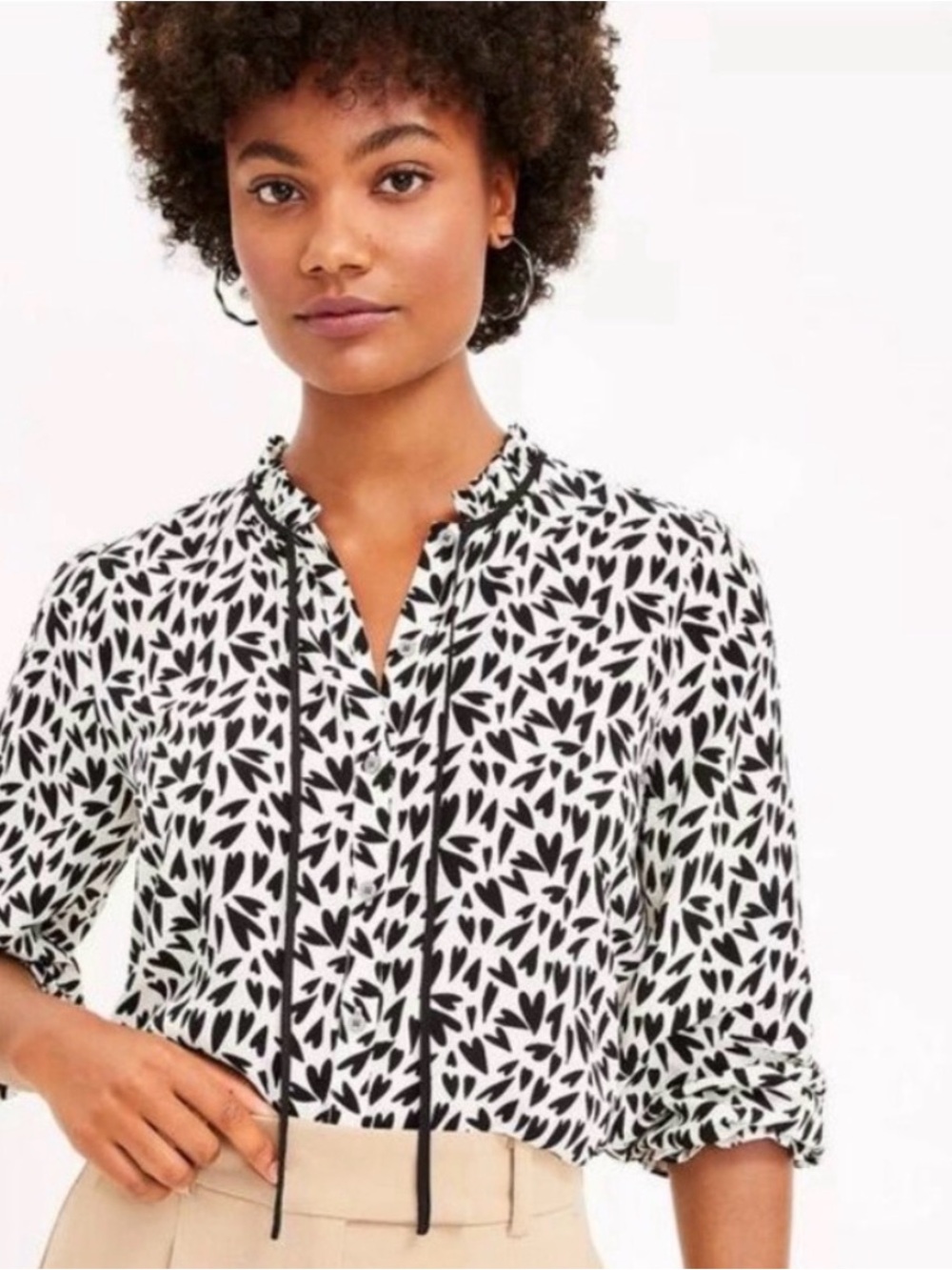 LOFT Heart Print Ruffle Black & White Tie-Neck Blouse Top NWT